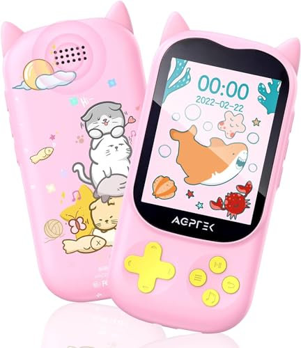 AGPTEK 32Go MP3 Enfant Bluetooth 5.3 avec Haut-Parleur, Mignon Chat Design Lecteur Écran TFT 2,4 Pouces, Baladeur Fille avec Bouton de Jeu/Volume, Radio FM,Réveil,Carte TF Jusqu'à 128G-Rose