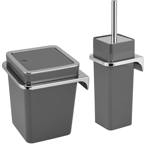 bremermann 2tlg. Bad-Set Savona, Kosmetikeimer 6 Liter und WC-Garnitur mit Wandhalterung, eckig (Kunststoff-grau)