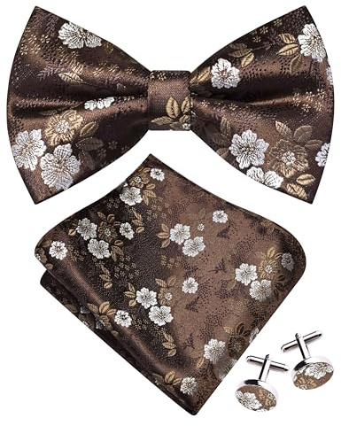 GUSLESON Brown Bow Tie and Pocket Square Set for Men Floral Pre-Tied Bowties Cufflinks for Wedding (0493-26)