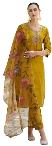 VredeVogel Women's Cotton Silk Embroidered Kurta with Pant & Organza Dupatta Set (Mustard_Large)