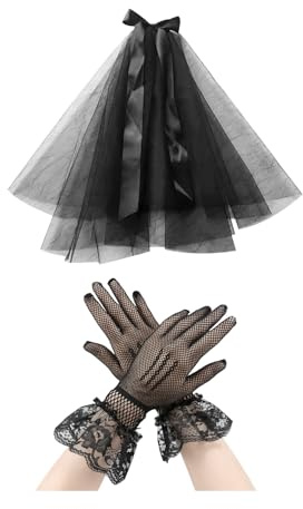 HDGSAFD 1 negro, 1 par de guantes de encaje, velo multicapa, velo de novia y iglesia, accesorios de boda, Talla única