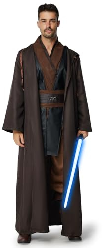 IEEILULU Traje Jedi con Capucha Hombre, Vestido Medieval con Lightsaber Azul, Capa y Túnica para Halloween, Carnaval (Marrón+Negro, XXL)