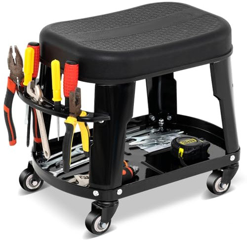 GYMAX Tabouret Atelier Garage à roulettes, Siège Amovible avec Coussin Épais 5cm, Plateau à Outils de 4 Compartiments, Porte-Outils, Capacité 136 KG, pour Réparation Automobile