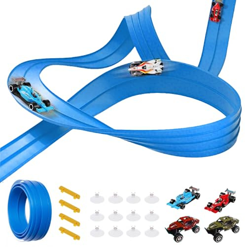 5M Flexible Race Track with 4 Alloy Cars, Flexible Car Track, Toy Car Ramp Rolls up Portable Dual Racetrack for Jumps Loops Ramps, Gifts for Ages 3+ (Blue)