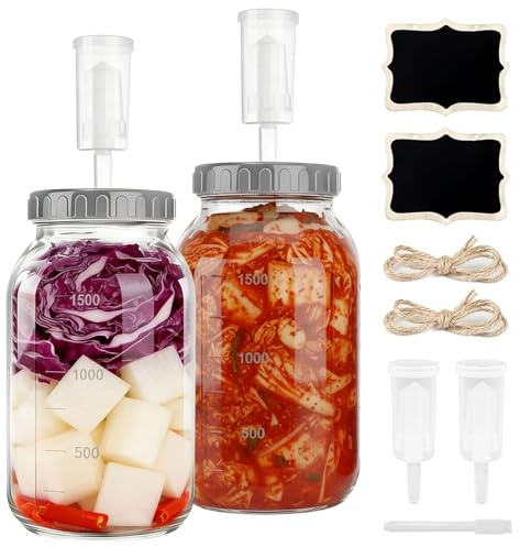 Ulluthu 2 Tarros de Fermentación de 2 L con Válvula de Aire | Bocales de Vidrio Herméticos Tipo Reloj de Arena | Incluye Tapas a Rosca | Ideal para Kimchi, Chucrut, Pepinillos y Conservas Caseras