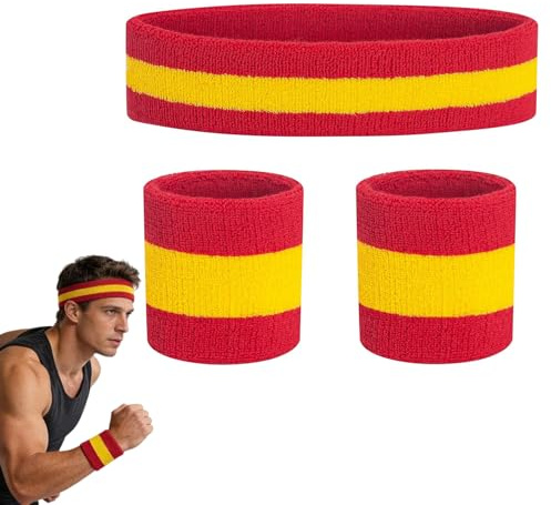 Ensemble Bandeau Sport et 2 Poignets Éponge Rouge et Jaune, bandeau cheveux homme et femme anti-transpiration pour tennis, basketball, running, accessoire déguisement années 80 et 90