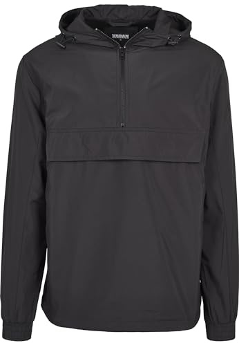 URBAN CLASSICS Men's Windbreaker Jacket, Pullover Rain Jacket with Hoodie, Longsleeve Hooded Men's Raincoat, Lightweight & Water Repellent, Colour: Black, Size: 5X-Large