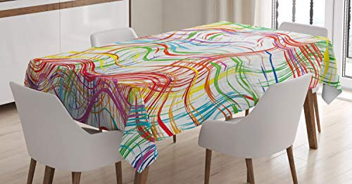 ABAKUHAUS Grunge Tischdecke, Wellenförmige Bunte Streifen, Schmutzabweisent mit Modernster Druck Technologie Waschbar Klare Farben, 140 x 240 cm, Rot Grün Lila