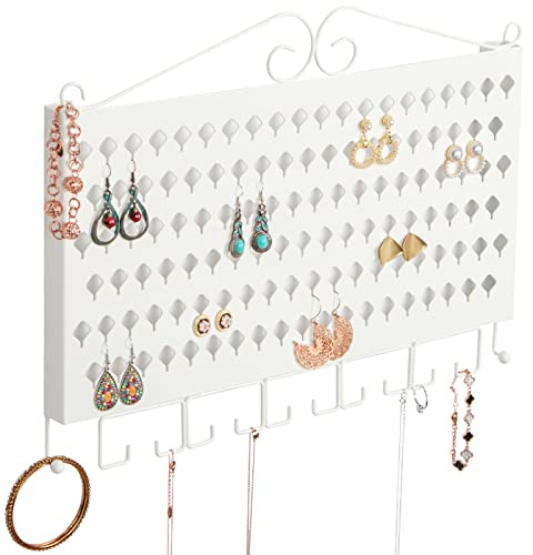 J JACKCUBE DESIGN Wall Mounted Jewelry Organizer, Earring Necklace Bracelet Rings, Accessories Holder Display Hanger Rack with 117 Holes & 12 Hooks (White, 16.54 x 12.2 x 0.75 inches) - MK319B