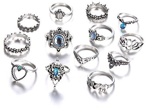 LEEQBCR Paquete de 13 Juego de anillos de plata con cristales bohemios, anillos de dedo para mujeres y niñas