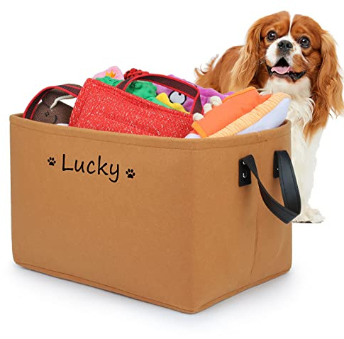 Scatola Portagiochi per cani Personalizzata con Nome, Cestino Pieghevole con Manici in pelle, Scatola Portagiochi in Feltro per Organizzare cibo, Vestiti e Accessori per Animali Domestici(Marrone)