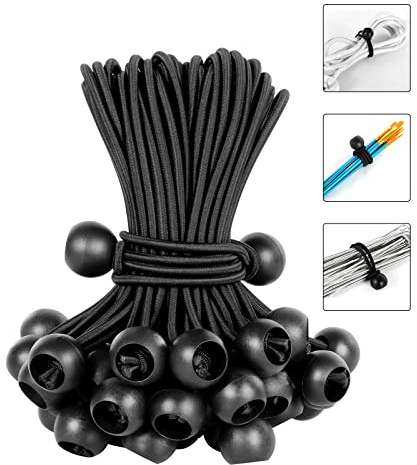 8 Inch Tarp Bungee Balls Ties,50 PCS Ball Bungee Cords Heavy Duty Canopy Tie Downs for Camping, Shelter,Cargo,Projector Screen,Tent Poles with UV Resistant (Black)