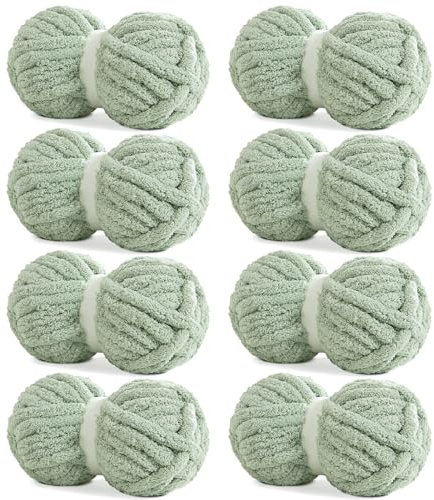 HOMBYS Sage Green Chunky Chenille Yarn for Hand Knitting,Fluffy Soft Jumbo Yarn Crocheting,Super Bulky Big Yarn for Chunky Blanket,Large Thick Arm Knitting Yarn,8 Pack Plush Yarn