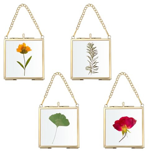 SUMTree Set of 4 Gold Glass Hanging Photo Picture Display Frame, Floating Glass Picture Frame with Chain for Family Tree Mini Photo, Gallery Wall Art Work, Pressed Flower, collage, etc, 7 * 7cm
