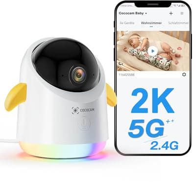 COCOCAM 2K Babyphone mit Kamera, WLAN 2.4/5G, 355° Schwenken, 120° neigen, Telefon-Überwachungs-App, Spaß-Licht, KI Analyse, Schreierkennung, Temperatur/Luftfeuchtigkeitssensor