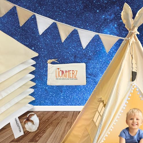 LIONHERZ® Wimpelkette 250cm aus 100% Baumwolle Creme/weiß [doppellagig] mit Beutel | beige Stoff-Girlande mit 8 Wimpel | Dekoration Kinderzimmer Geburtstag Karneval Fasching Hausbett | Mädchen Jungen