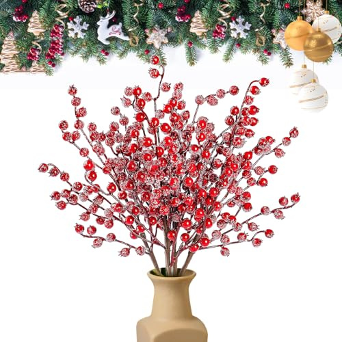 KARELLS 10 Pièces Baies de Houx Artificielles,Baies Rouges Branches de Baies de Houx,Tiges de Baies Rouges Artificielles,Baies de Houx de Fruits Givrés de Noël,pour Décorations de Maison