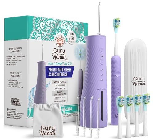 GuruNanda Lion & Lamb Kit 2.0, cepillo de dientes eléctrico con combo de hilo dental de agua, 4 puntas de chorro, 4 cabezales de cepillo y diseño impermeable IPX7 para un cuidado bucal completo,