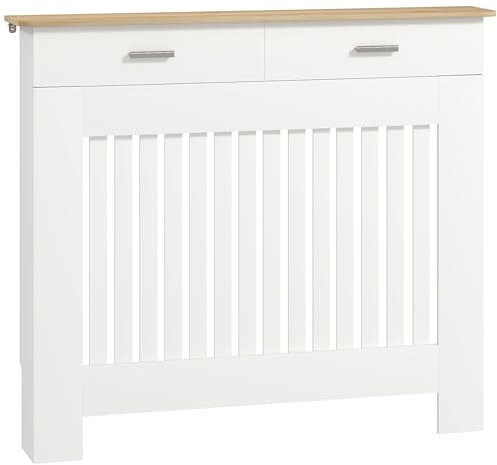 HOMCOM Cache-radiateur à lattes anti-inclinaison avec tiroir de rangement, Cache-radiateur en bois, 112x19x97 cm, Blanc