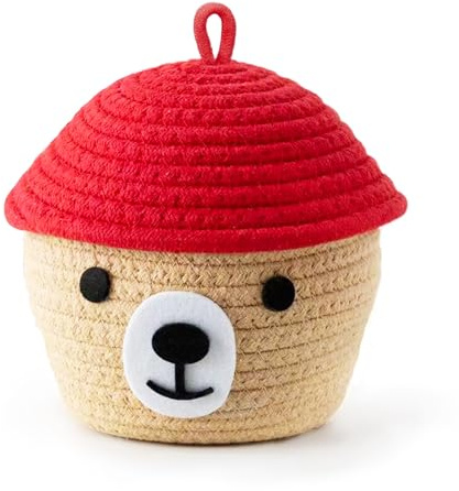 Cesta de oso de cuerda de algodón tejida a mano – almacenamiento para el hogar, decoración para dormitorio infantil y salón, dedicada a juguetes, llaves y accesorios, tapa roja, 17x15x17 cm
