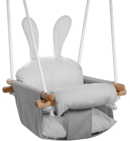 Tulano Hop 33 Grey | Baby Schaukel Hängesitz Indoor & Outdoor | Ab 6 Monaten | Mit Sicherheitsgurt & Kissen | Bis 60 kg belastbar | Baumwollgewebe & Buchenholz | Einfache Montage | Grau