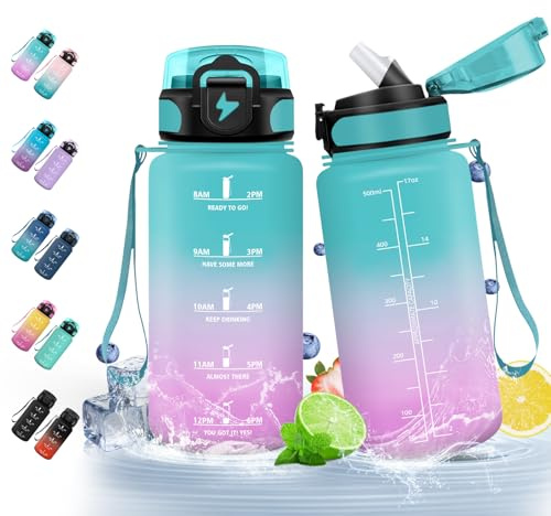 HoneyHolly 500ml vattenflaska med sugrör, BPA-fri och läckagesäker, återanvändbar, grundskola vattenflaska för skola, gym, kontor, löpning