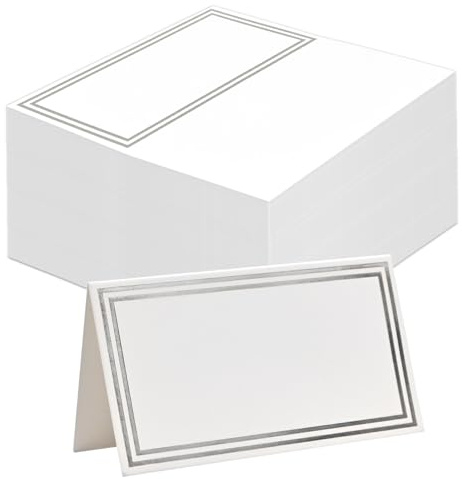 LICQIC Wedding Place Cards, Name Tags for Table Setting, 100Pcs Silver Edge | Personalised Name Place Cards for Banquets Dinner Parties