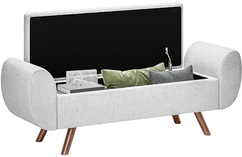 HOMCOM Banc de Rangement 53,8L Pouf Salon Bout de lit Coffre de Rangement Repose-Pieds avec siège rembourré en Lin et accoudoirs, pour Salon, Chambre, entrée, 132 x 42 x 50 cm, Gris