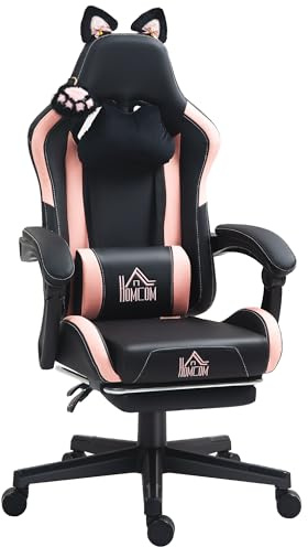 HOMCOM Gaming Chair for Adults with Cat Ears, Faux Leather Reclining Computer Chair with Footrest, Lumbar Support and Headrest, Height Adjustable Swivel Seat, Black