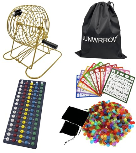 JUNWRROW Deluxe Bingo Game Set with Storage Bag- Includes 6-Inch Antique Gold Rotary Cage,75 Calling Balls,100 Mixed Cards,1000 Colorful Chips, Master Board&Carry Bag for Family Party,Large Groups