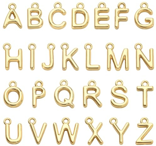 Beebeecraft 1 Scatola da 26 Pezzi di Ciondoli con Lettere per Braccialetti in Ottone Placcato Oro 18K Piccoli Ciondoli con Alfabeto AZ per La Creazione di Gioielli Orecchini Collane Artigianato Fai