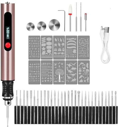 Kit Complet de Gravure Électrique – Le outil de gravure portable, livré avec 30 têtes de gravure et 10 gabarits, adapté aux créations DIY sur métal, bois et verre