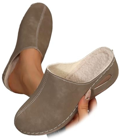 ZPLMIDE Pantuflas tipo mocasín de felpa para mujer, acogedoras, cálidas, con forro de piel, con plataforma de cuña, de gamuza, sin espalda, para mujer, Khaki, 37 EU