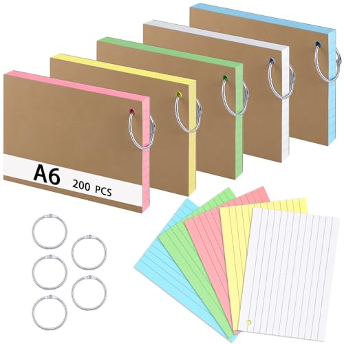 A6 Ruled Index Cards, 200 Pcs Revision Cards, Flash Card, Note Card | Includes Binder Ring & Kraft Paper, Double-sided, 5 Colors, Ideal for Study Notes, Lists, Recipes, School, Office, Home