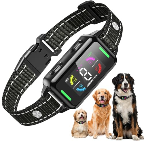 Collier Anti Aboiement pour Chien, 4 Modes(Son/Vibration/Son + Vibration/Impulsion Électricité Statique) + 8 Niveaux Sensibilité, Réglable 23-56CM, IPX7 Étanche, pour Petit Moyen et Gros Chiens