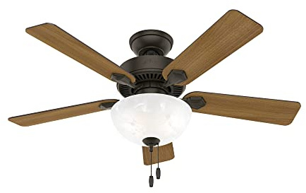 Hunter 44 inch Indoor Ceiling Fan with LED Light - Bronze Ceiling Fan with Pull Chain, For Bedroom, Living Room, or Kitchen, Standard Mount, No Remote, 5 Blades - Swanson 50896, New Bronze