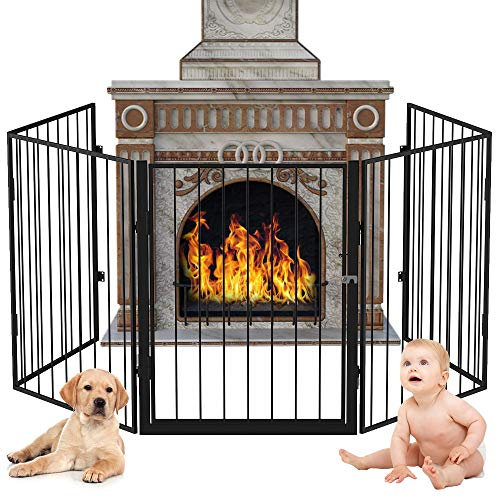 Bakaji Puerta de protección de Chimenea para Perros y niños, Valla divisoria con Puerta, Longitud 3 m, 5 módulos Plegables de Acero, Color Negro, Estructura Plegable, Ahorro de Espacio