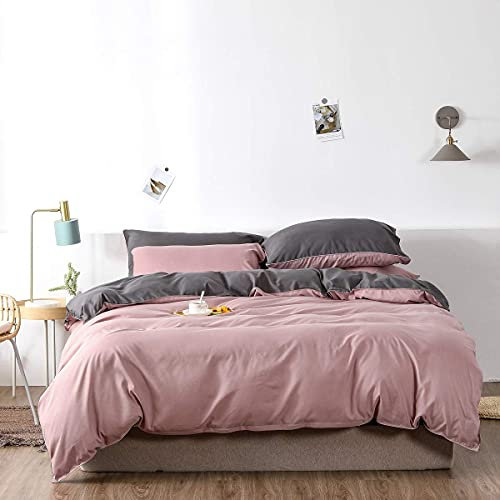 Chanyuan Bettwäsche 200×200cm Uni Rosa Altrosa Grau Anthrazit Microfaser Wendebettwäsche Set Doppelbett Bettbezug mit Reißverschluss und 2 Kissenbezüge 80 x 80 cm