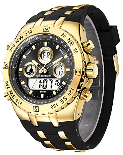 Relojes deportivos gruesos para hombre resistentes al agua, cronómetro, fecha, alarma, luminoso digital analógico militar reloj de pulsera para hombre con correa de goma, Oro negro., Correa