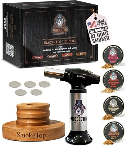 SmokeTop® Cocktail Smoker Kit and Torch with Cherry, Hickory, Maple, and Oak Wood Chips - Cocktail Smoker Kit & Chips for Old Fashioned Cocktails, Whiskey, & Bourbon - NO Butane Included