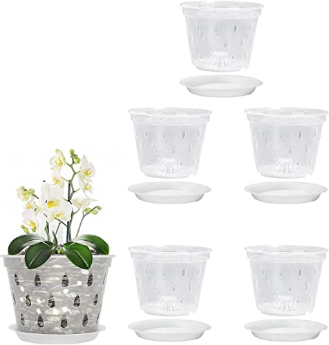 Youning Pots à orchidées transparents 5 pièces Pot à fleurs en plastique clair Pots pour orchidées avec trous et sous-plats Pots de culture pour orchidées Pots à orchidées (14 cm avec plateau)