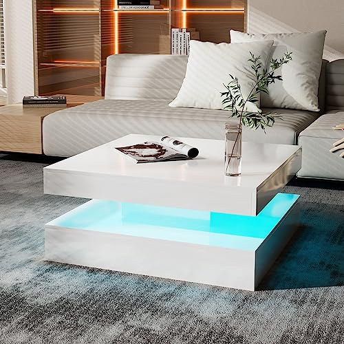 KEEPREAPER Couchtisch Wohnzimmertisch, Sofatisch mit LED Beleuchtung modern für Wohnzimmer, 78 x 78 x 40 cm (Weiß)
