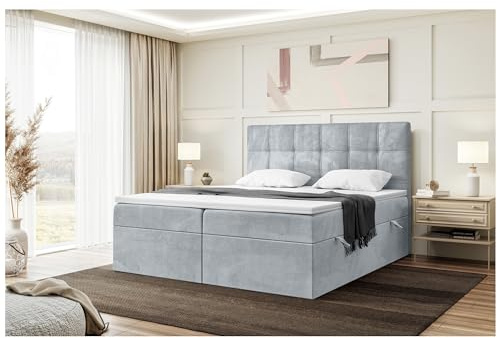 MEBLINI Boxspringbett mit Bettkasten - Gepolstert Doppelbett mit Matratze und Topper - Polsterbett mit Stauraum - Bett mit Kopfteil - Kai - 180x200 - H3/Hellgrau Samt