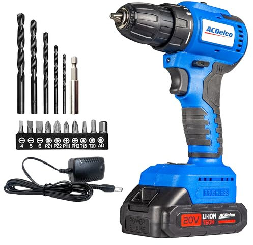 ACDelco 20V Cordless Drill Driver, 20V Electric Drill with 1500mAh Battery, 2 Speed 1,300 RPM Brushless Motor, 32Nm + 21 Torque Settings, LED Light, 10 pc Hex Driver Set