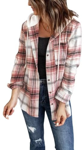 LACOZY Womens Classic Button Down Flannel Shirts with Hood Oversized Boyfriend Plaid Shirt Pink L