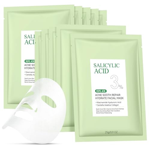 YTRAJU Anti Acne Face Mask Salicylic Acid Face Masks Skincare, Hydrating Face Masks, Soothing Facial Sheet Masks Skin Care for Acne Prone, Face Mask for Acne, Oil Control, 10 Pack