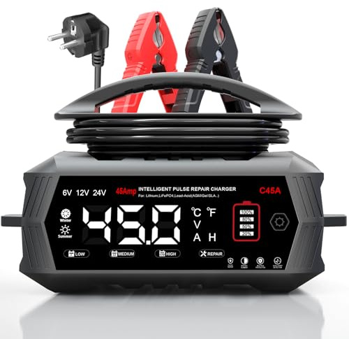 45 A bilbatteriladdare, 6 V/12 V/24 V LiFePO4 laddare för bil, lastbil, motorcykel, gräsklippare, båt, marin, batteriladdare för LiFePO4, litium, blysyra (AGM, gel, EFB etc.)