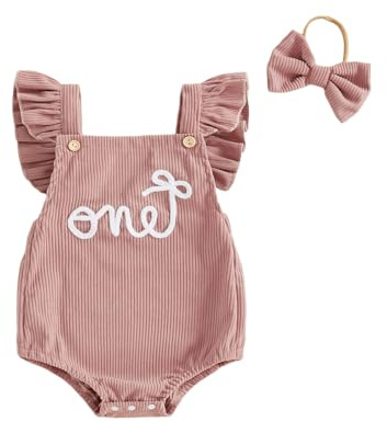 MAHUAOYIXI Baby Girl First Birthday Corduroy Bodysuit with Headband Flying Sleeve Bow Letter Embroidery Sleeveless Overalls Romper Suspender Jumpsuit Girls 1st Birthday Outfits (Pink, 12-18 Months)