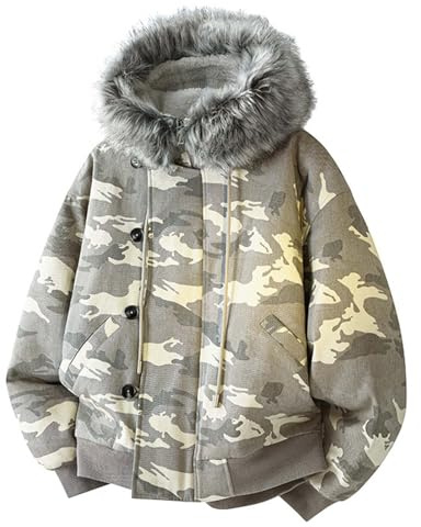 MODSGUE Veste de ski pour homme - Doublure chaude - Avec capuche en fourrure - Veste de snowboard - Coupe-vent - Veste matelassée épaisse - Rembourrée - Camouflage vintage, gris, M