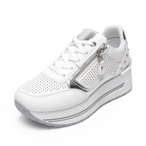 JOMIX Scarpe Donna Sneakers Lacci Zeppa con Zip Laterale Eleganti Antiscivolo Comode da Camminata WSC260025 (Bianco,37)
